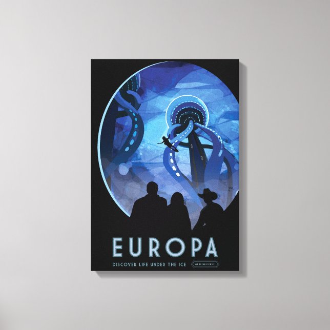 Retro Space Travel Poster- Jupiter's Moon Europa. Canvas Print (Front)