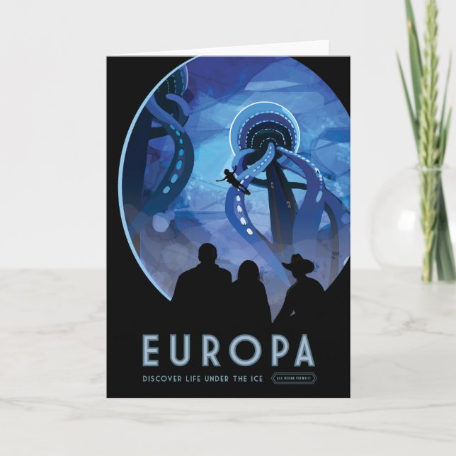 Retro Space Travel Poster- Jupiter's Moon Europa. Card (Front)