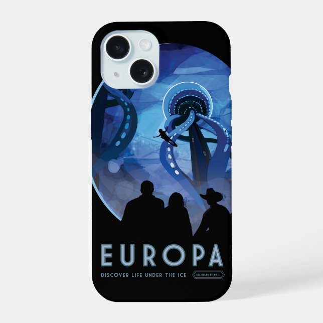 Retro Space Travel Poster- Jupiter's Moon Europa. iPhone 15 Case (Back)
