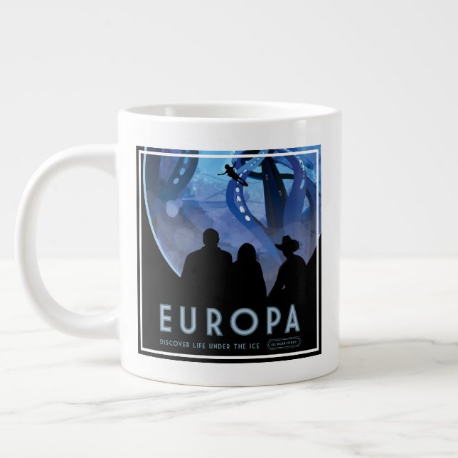 Retro Space Travel Poster- Jupiter's Moon Europa. Large Coffee Mug (Left)