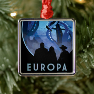 Retro Space Travel Poster- Jupiter's Moon Europa. Metal Tree Decoration