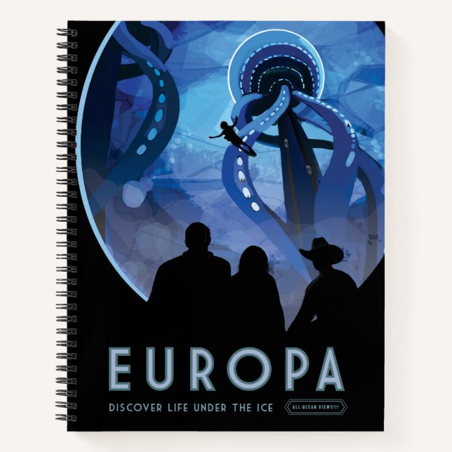 Retro Space Travel Poster- Jupiter's Moon Europa. Notebook (Front)