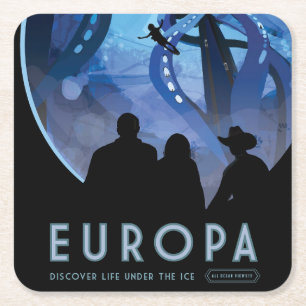 Retro Space Travel Poster- Jupiter's Moon Europa. Square Paper Coaster