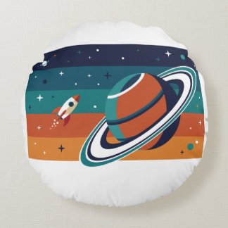 Retro Space Travel Poster Ringed Planet Round Cushion