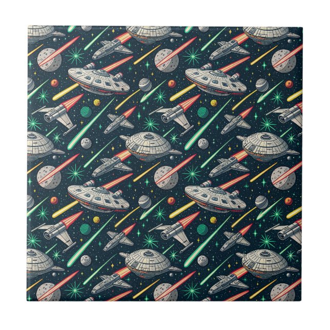 Retro Spaceship Sci-Fi Space Battle Comic Pattern Tile (Front)
