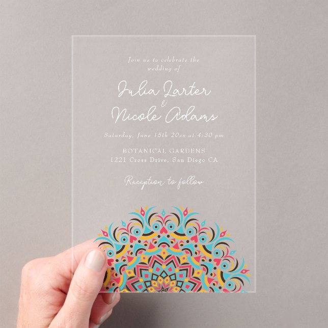 Retro Spanish Abstract Floral Mandala Wedding Acrylic Invitations (Insitu (Handheld))