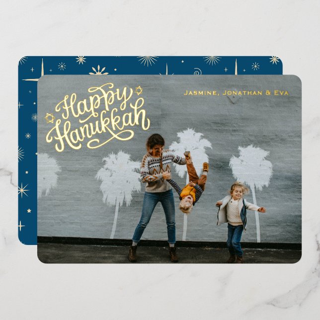 Retro Sparkle Happy Hanukkah Blue One Photo Gold Foil Holiday Card (Front/Back)