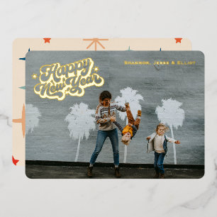 Retro Sparkle Happy New Year One Photo Gold Foil Holiday Card