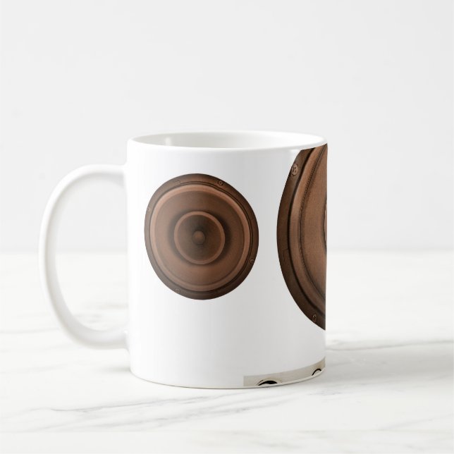 Retro speakers: brown, isolated white. coffee mug (Left)