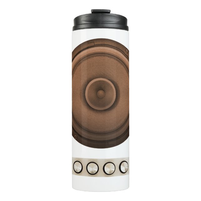 Retro speakers: brown, isolated white. thermal tumbler (Front)