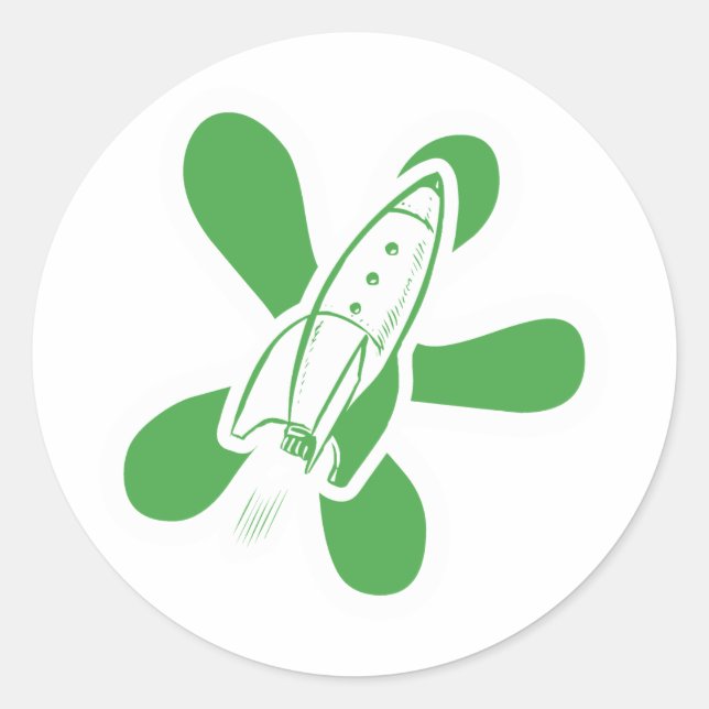Retro Splat Rocket White Green Classic Round Sticker (Front)