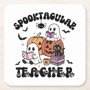 Retro Spooktacular Teacher Halloween Ghost Square Paper Coaster