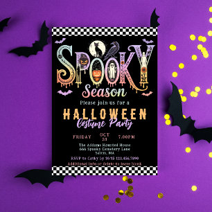 Retro Spooky Black Vintage Halloween Costume Party Invitation