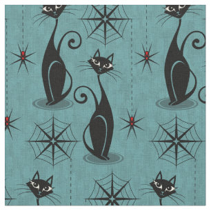 Retro Spooky Cats and Spiders on Distressed Blue Fabric