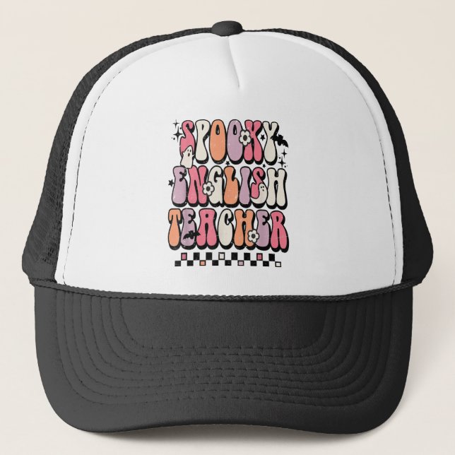 Retro Spooky English Teacher Funny Grammar Teacher Trucker Hat (Front)