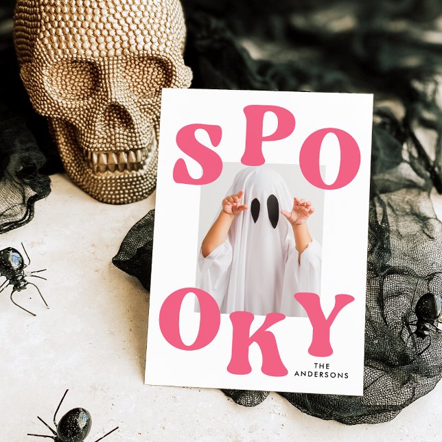 Retro Spooky Pink Typography Photo Halloween Holiday Card (Creator Uploaded)