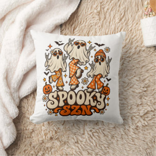 Retro Spooky SZN Ghosts Groovy 70s Halloween Des Cushion