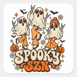 Retro Spooky SZN Ghosts Groovy 70s Halloween Des Square Sticker