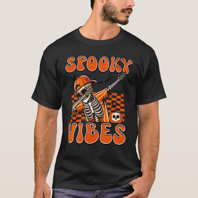 Retro Spooky Vibes Dabbing Skeleton Halloween T-Shirt (Front)