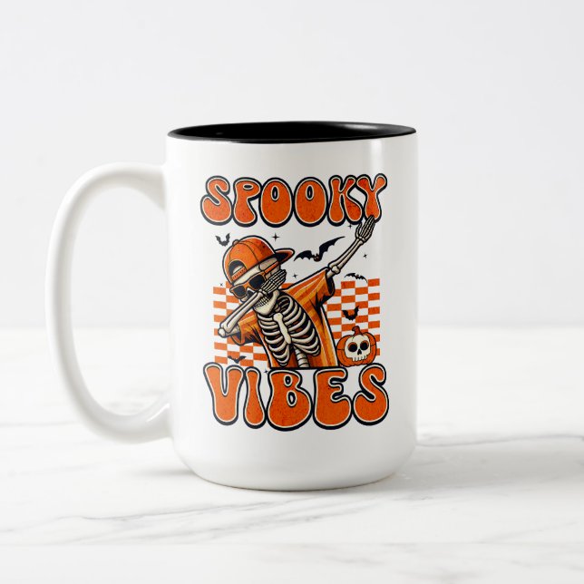 Retro Spooky Vibes Dabbing Skeleton Halloween Two-Tone Coffee Mug (Left)