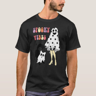 Retro Spooky Vibes Ghost Black Cat Women Halloween T-Shirt