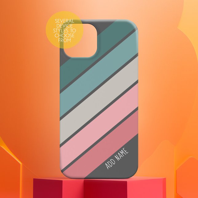 Retro Sporty stripes teal pink handwritten name Case-Mate iPhone Case (Personalized Phone Case with Custom Text)