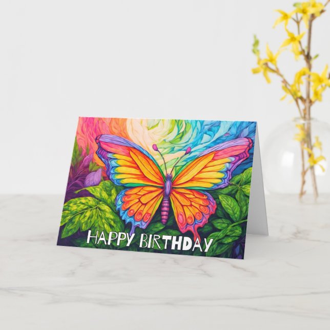 Retro Spring Butterfly Art Happy Birthday Card (Yellow Flower)