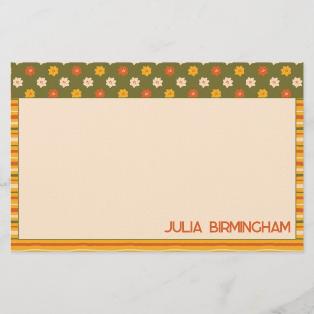 Retro Spring Hand Drawn Floral Striped Horizontal Stationery (Front)