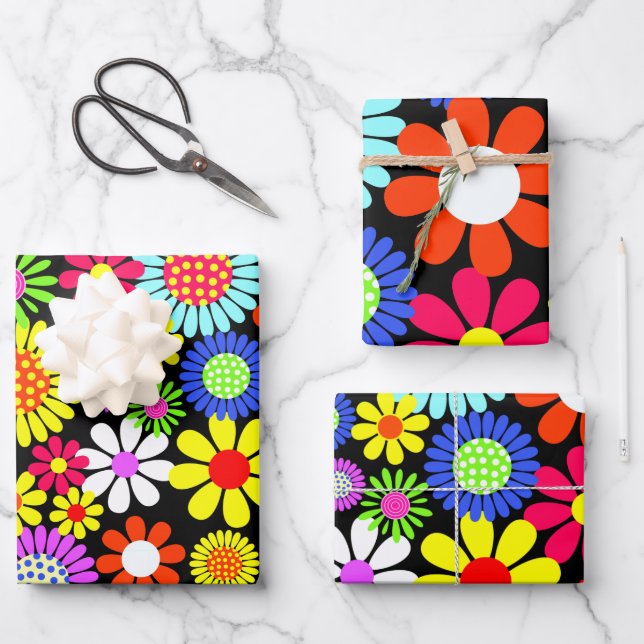 Retro spring hippie flower power  wrapping paper sheet (Front)