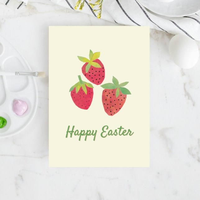 Retro Spring Strawberry Easter Folded Holiday Card (Our strawberry Easter card features my vintage-inspired collage art of three red berries.)