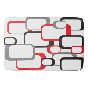 Retro Square Pattern Red Grey Black White Bath Mat