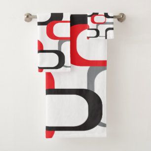 Retro Square Pattern Red Grey Black White Bath Towel Set