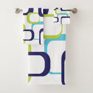 Retro Squares Blue Green White Pattern Bath Towel Set