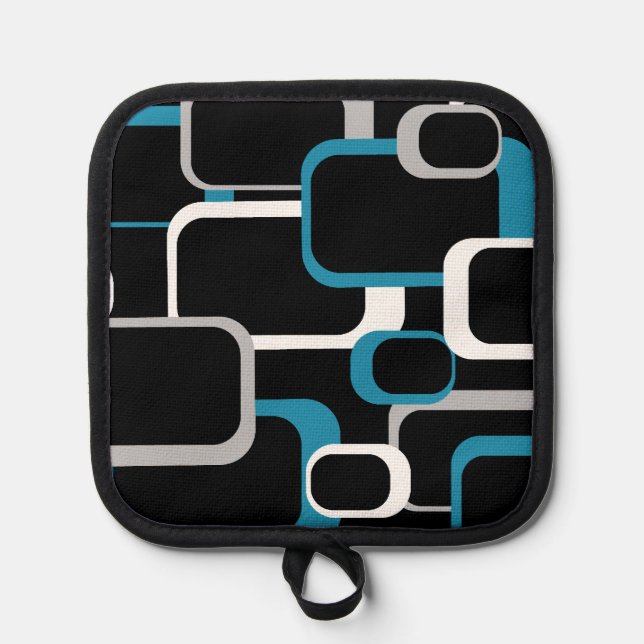 Retro Squares Blue Grey White Black Background Pot Holder (Front)