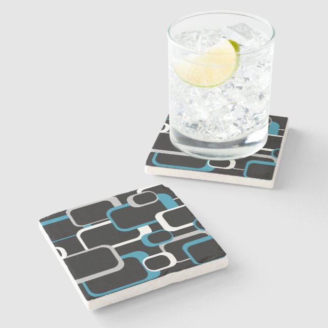Retro Squares Blue Grey White Pattern Black  Stone Coaster (Side)