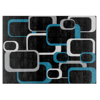 Retro Squares Blue White Grey Pattern Black Cutting Board