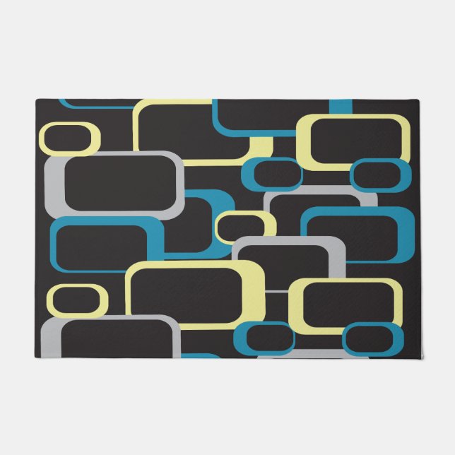 Retro Squares Blue Yellow Grey Pattern Doormat (Front)