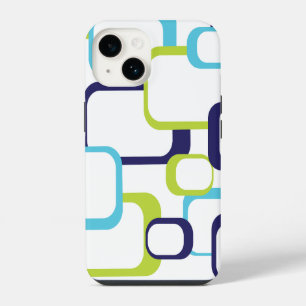 Retro Squares Geometric Pattern Blue Green White iPhone 14 Case