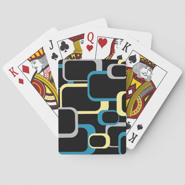 Retro Squares Geometric Pattern Blue Yellow Grey Playing Cards (Back)