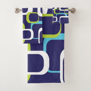 Retro Squares Pattern Blue Green White Bath Towel Set