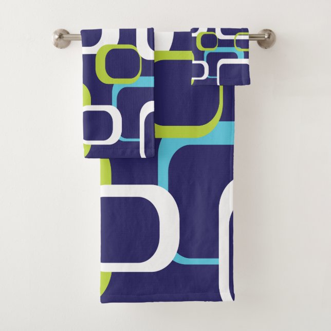 Retro Squares Pattern Blue Green White Bath Towel Set (Insitu)