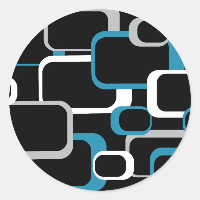 Retro Squares Pattern Blue Grey White Black Classic Round Sticker (Front)