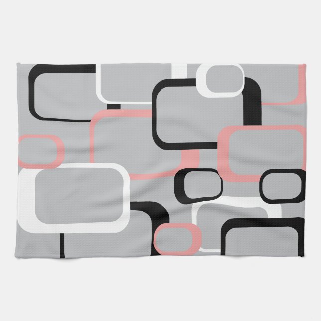 Retro Squares Pattern Pink Black White Grey Tea Towel (Horizontal)