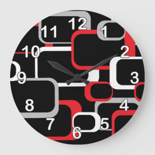 Retro Squares Pattern Red Black Grey White Numbers Large Clock