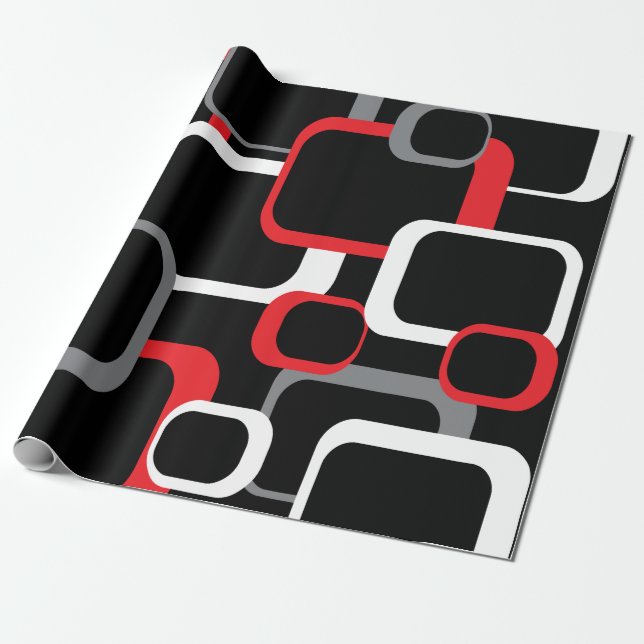 Retro Squares Pattern Red Black White Grey Wrapping Paper (Unrolled)