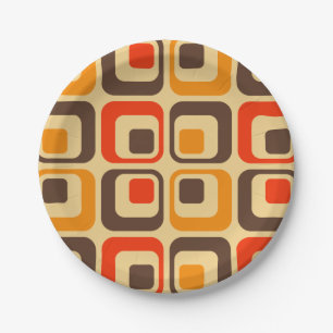 Retro Squares Pattern - Red, Brown & Orange Paper Plate