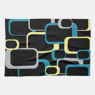 Retro Squares Pattern Yellow Blue Grey Black Tea Towel