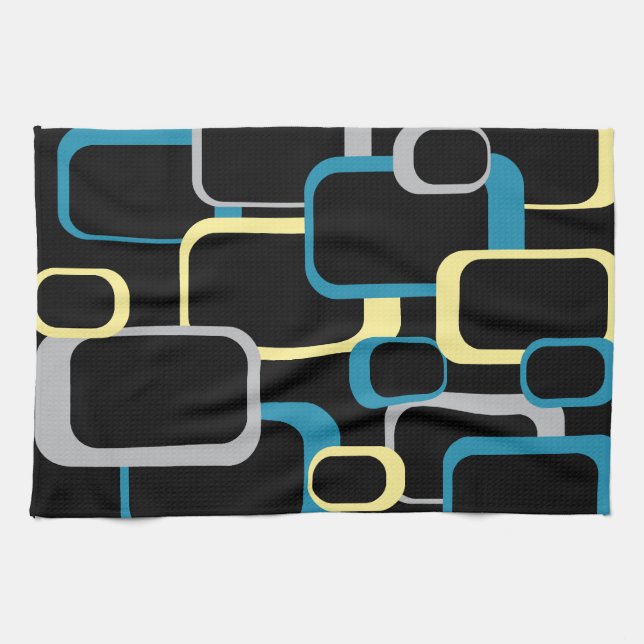 Retro Squares Pattern Yellow Blue Grey Black Tea Towel (Horizontal)