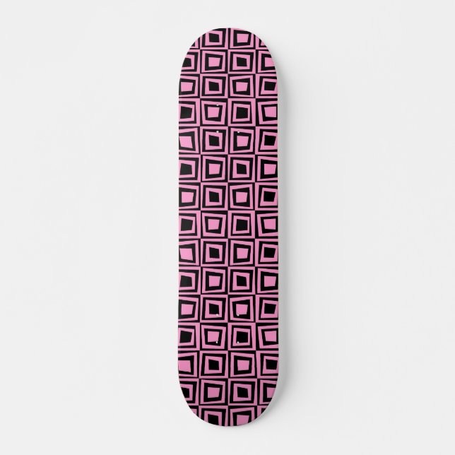 Retro Squares - Pink on Black Skateboard (Front)