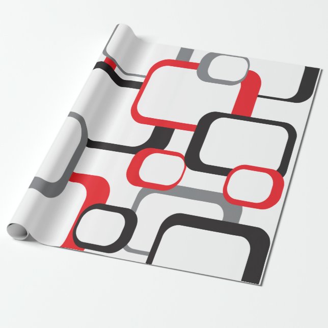 Retro Squares Red Black Grey White Pattern Wrapping Paper (Unrolled)